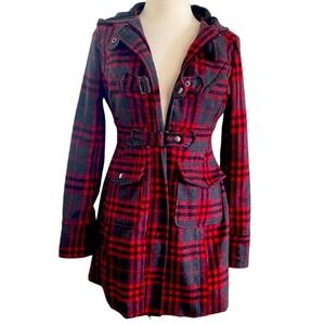 Wet Seal Plaid Red and Gray Wool Pea Coat Small
